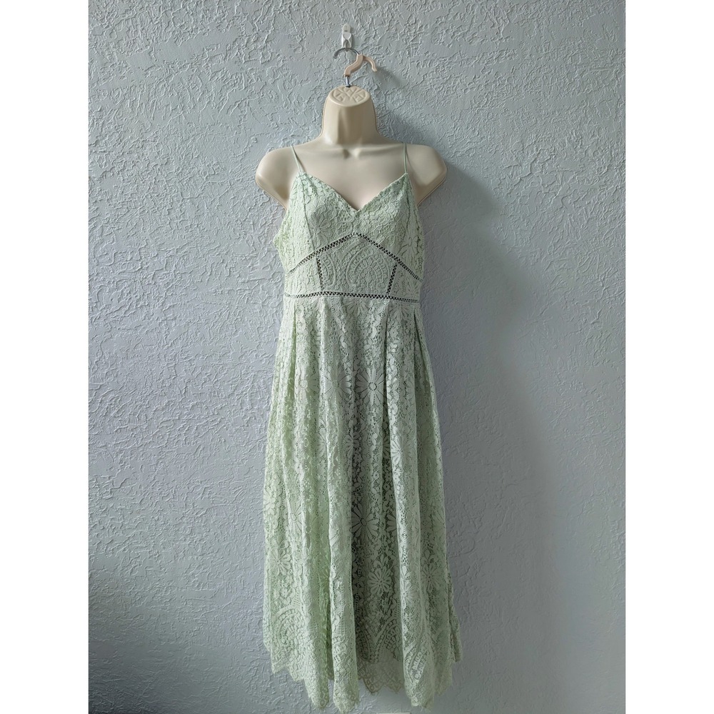 H&M Lace Coquette Midi Dress Women 4 Sage Green Floral Sleeveless Scalloped Hem